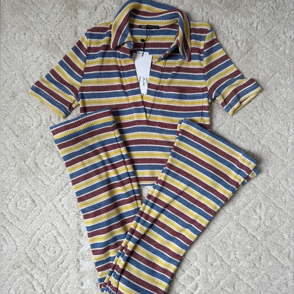 Zara Matching Ribbed Set, Short Sleeve Shirt, Pants, Small
